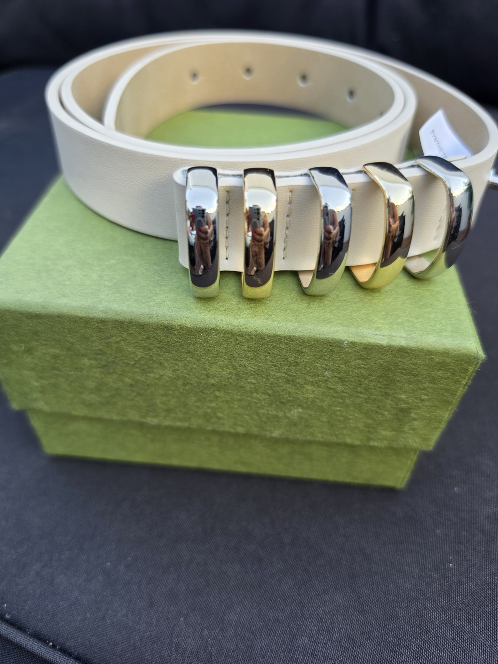 White Leather Belt with Silver and Gold Accent Loops